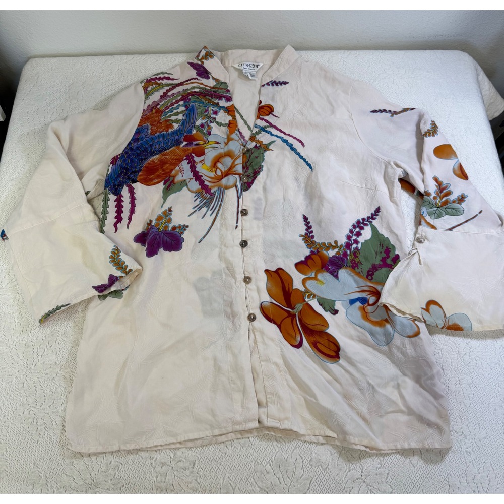 Citron Santa Monica Silk Bird Floral Jacquard Blouse Cream Bell Sleeve L FLAW